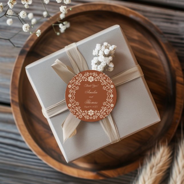 Rustic Terracotta Flowers Wedding  Classic Round Sticker (Creator Uploaded)