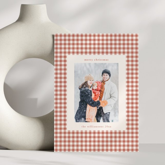 Rustic Terracotta Gingham Plaid Christmas Photo Holiday Card (Creator Uploaded)
