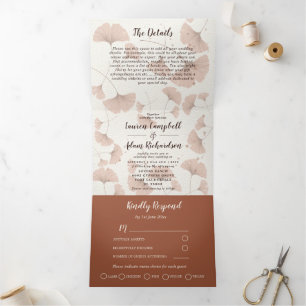 Rustic Terracotta Ginkgo Foliage Wedding  Tri-Fold Invitation