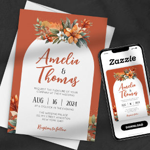 Rustic Terracotta Green Floral Arch Fall Wedding Invitation