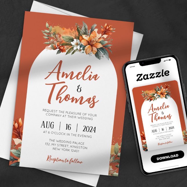 Rustic Terracotta Green Floral Arch Fall Wedding Invitation (Creator Uploaded)