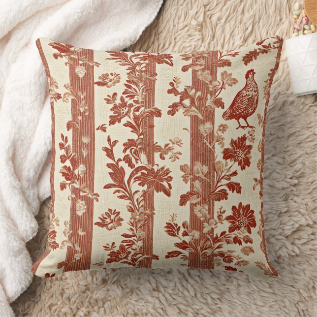 Rustic Terracotta Hen Toile Stripe Pattern Cushion (Blanket)
