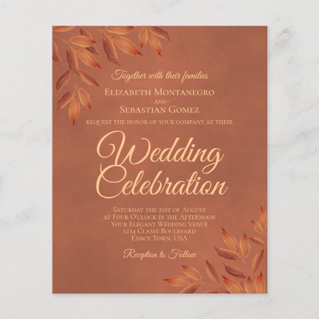 Rustic Terracotta Leaves BUDGET Wedding Invitation (Front)