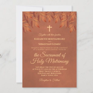 Rustic Terracotta Leaves Modern Catholic Wedding Invitation