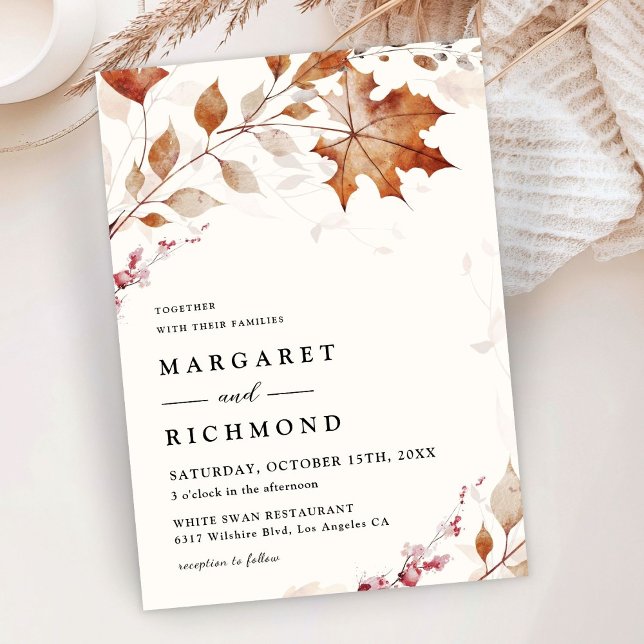 Rustic Terracotta Leaves Watercolor Fall Wedding Invitation (Creator Uploaded)