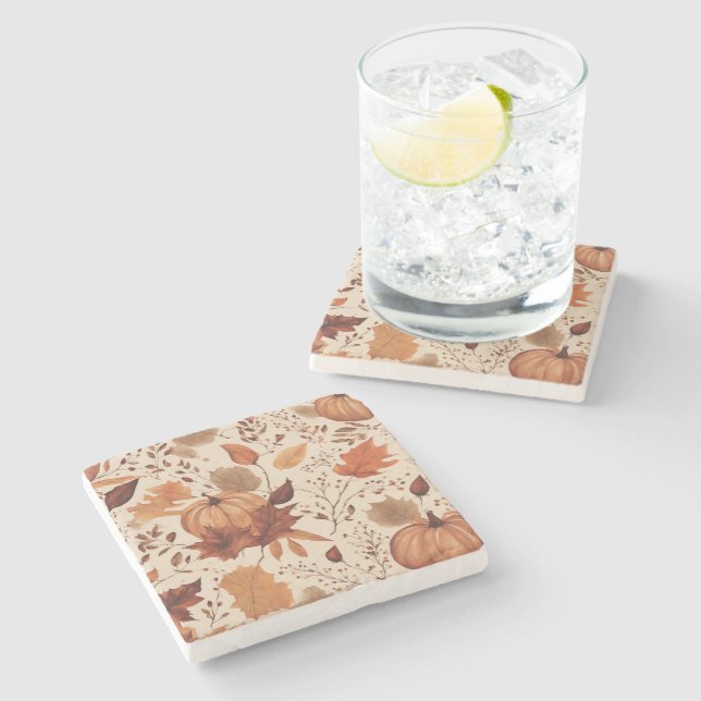 Rustic Terracotta Maple Leaves Autumn Wedding Stone Coaster (Side)