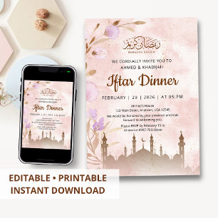 Rustic Terracotta Mosque and Floral Iftar Dinner Invitation
