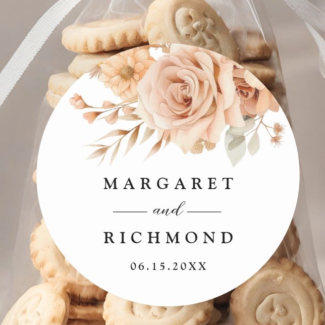Rustic Terracotta Rose Floral Wedding Classic Round Sticker (Creator Uploaded)