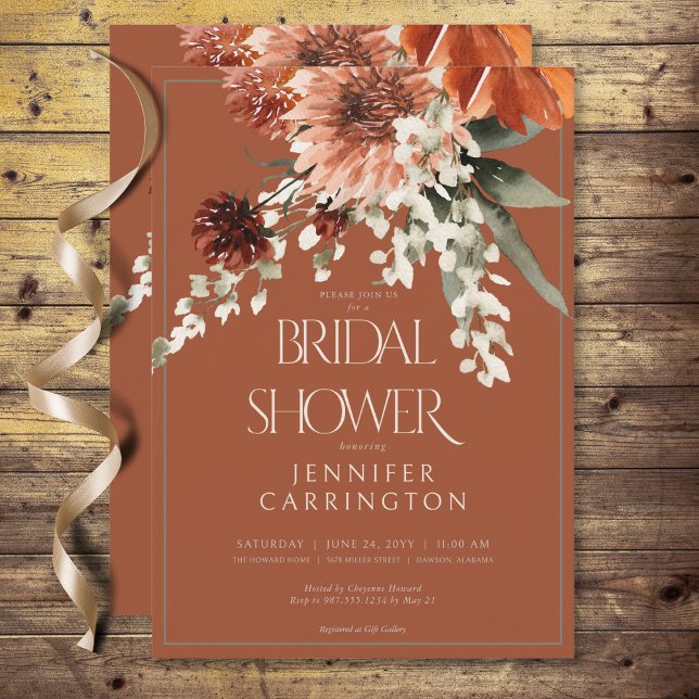 Rustic Terracotta Rust Flowers Bridal Shower Invitation (Rustic Terracotta Rust Flowers Bridal Shower Invitation)