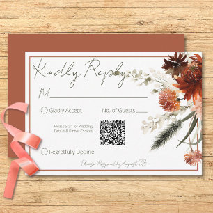 Rustic Terracotta Rust Flowers Wedding QR Code RSVP Card
