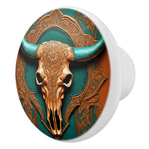 Rustic Terracotta Teal Western Country Bull SKull Ceramic Knob