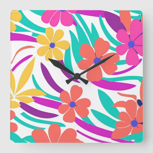 Rustic Terracotta Wildflower Boho Eclectic Design Square Wall Clock (Front)