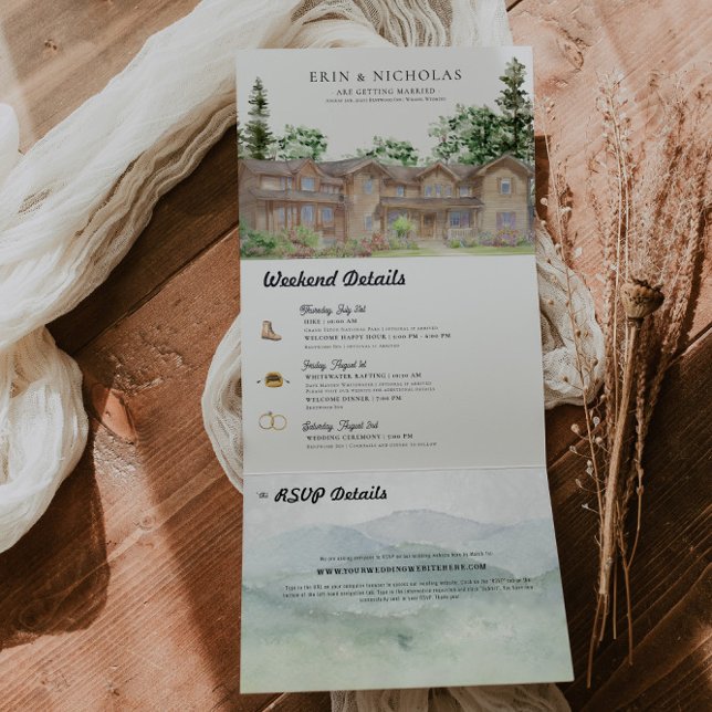 Rustic Teton Mountains | Illustrated Wedding  Tri-Fold Invitation (Creator Uploaded)