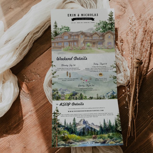 Rustic Teton Mountains | Illustrated Wedding Tri-Fold Invitation (Creator Uploaded)
