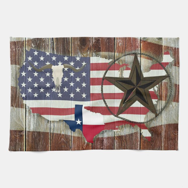 Rustic Texas Lone Star Texas Long Horn Tea Towel (Horizontal)