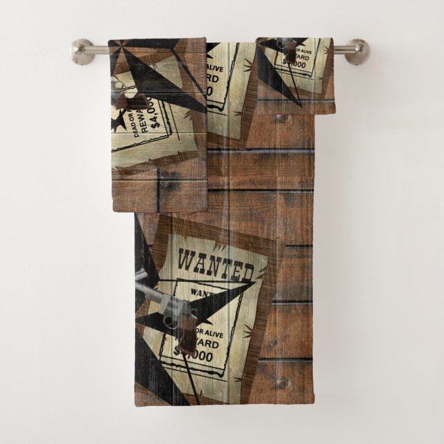 Rustic Texas Star Western Dual Pistols Wanted Sign Bath Towel Set (Insitu)