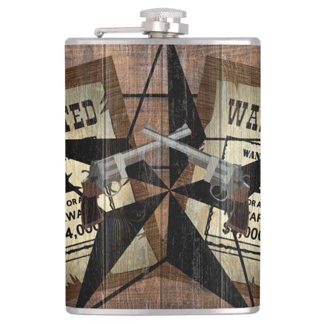 Rustic Texas Star Western Dual Pistols Wanted Sign Hip Flask (Front)