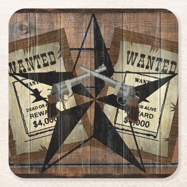 Rustic Texas Star Western Dual Pistols Wanted Sign Square Paper Coaster (Front)