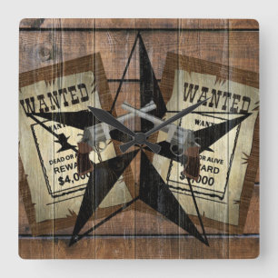Rustic Texas Star Western Dual Pistols Wanted Sign Square Wall Clock