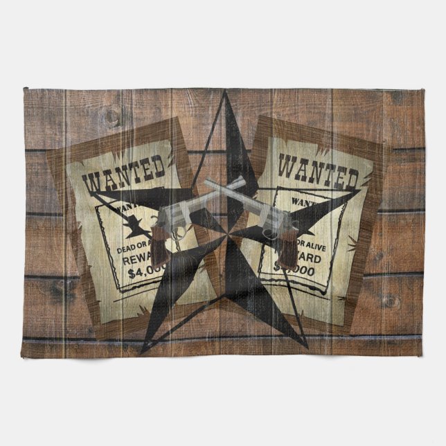 Rustic Texas Star Western Dual Pistols Wanted Sign Tea Towel (Horizontal)