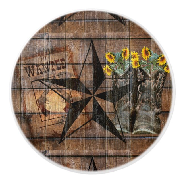 Rustic Texas Star Western Pistol Cowboy Boots Ceramic Knob (Front)