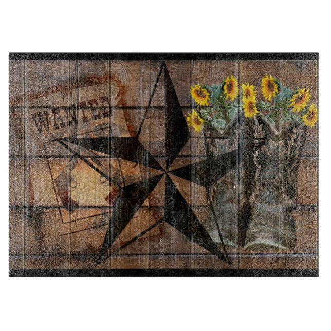 Rustic Texas Star Western Pistol Cowboy Boots Cutting Board (Front)