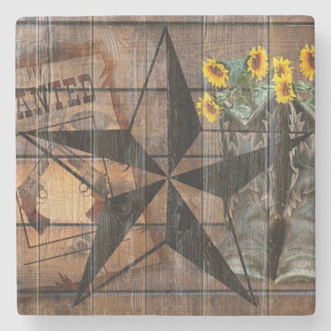 Rustic Texas Star Western Pistol Cowboy Boots Stone Coaster (Front)