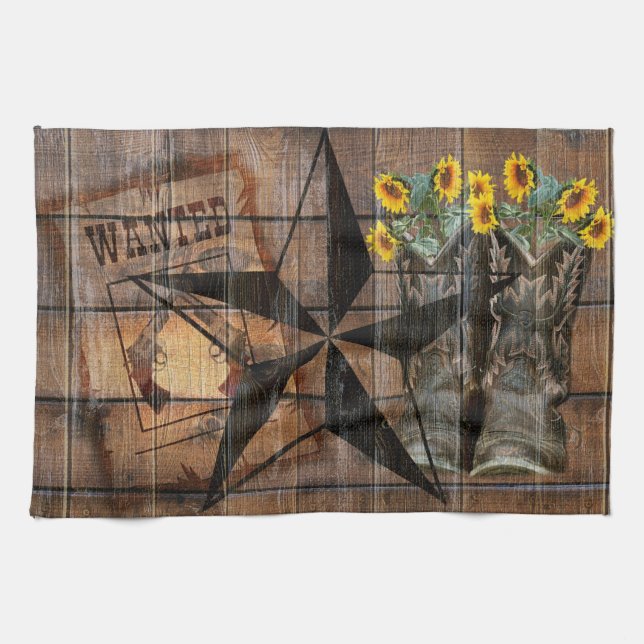 Rustic Texas Star Western Pistol Cowboy Boots Tea Towel (Horizontal)