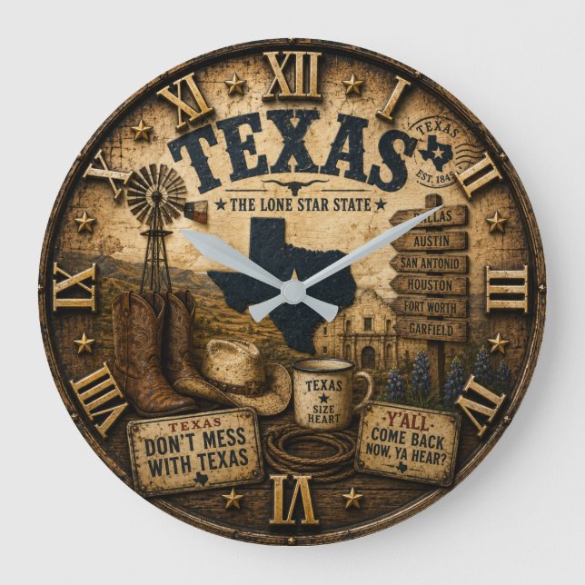 Rustic Texas Western Cowboy Lone Star State  Large Clock (Front)