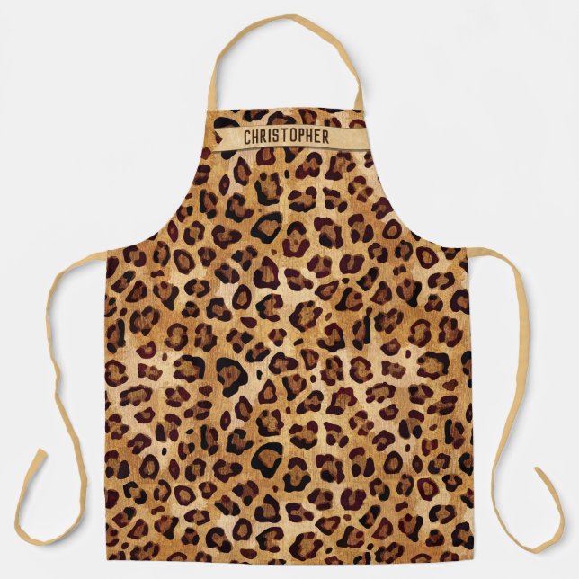 Rustic Texture Leopard Print Add Name Apron (Front)