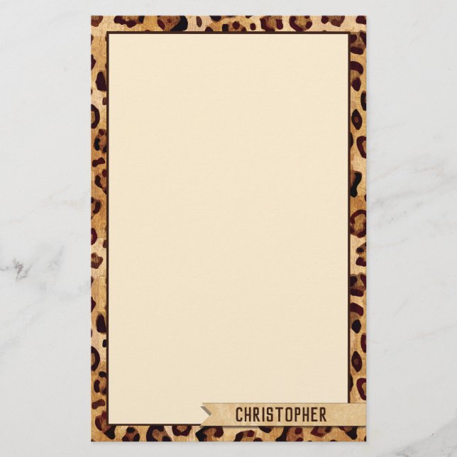 Rustic Texture Leopard Print Add Name Bottom Stationery (Front)