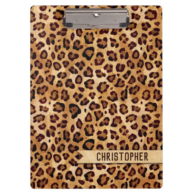 Rustic Texture Leopard Print Add Name Clipboard (Front)