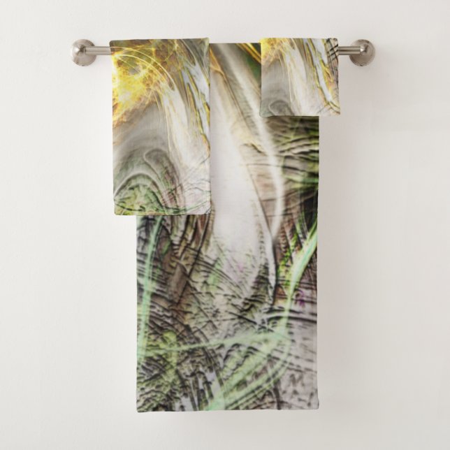 Rustic texture under floating green and yellow ink bath towel set (Insitu)