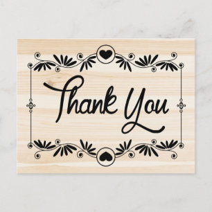 Rustic Thank You Black Heart Wood Grain Floral Postcard
