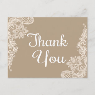 Rustic Thank You Brown & White Floral Lace Postcard