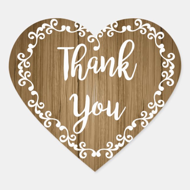 Rustic Thank You Brown Wood White Floral Heart Heart Sticker (Front)