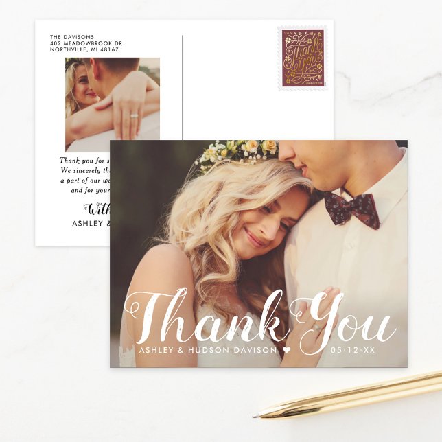 Rustic Thank You Brushed Script Wedding Photo Postcard (Creator Uploaded)