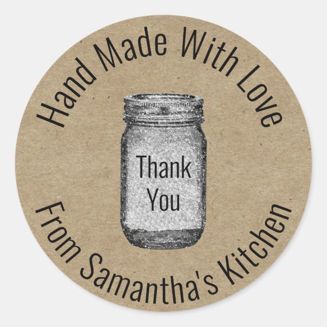 Rustic Thank You Kraft Paper Hand Made Mason Jar Classic Round Sticker (Front)