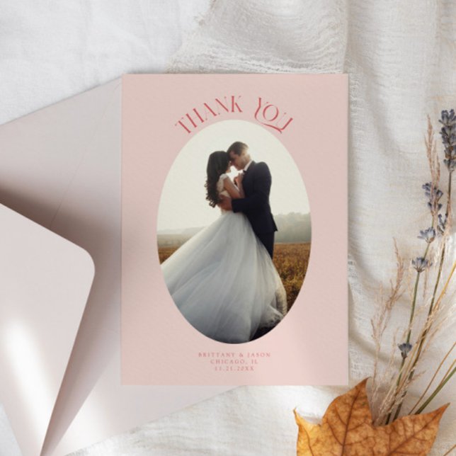 Rustic Thank You Oval Frame Pink Wedding Photo Card (Creator Uploaded)