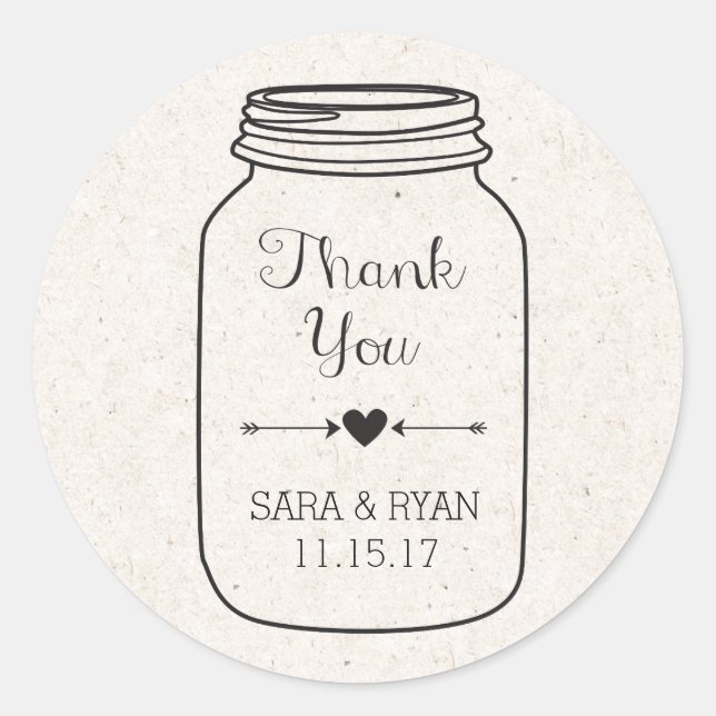 Rustic, Thank You Stickers with Mason Jar (Front)