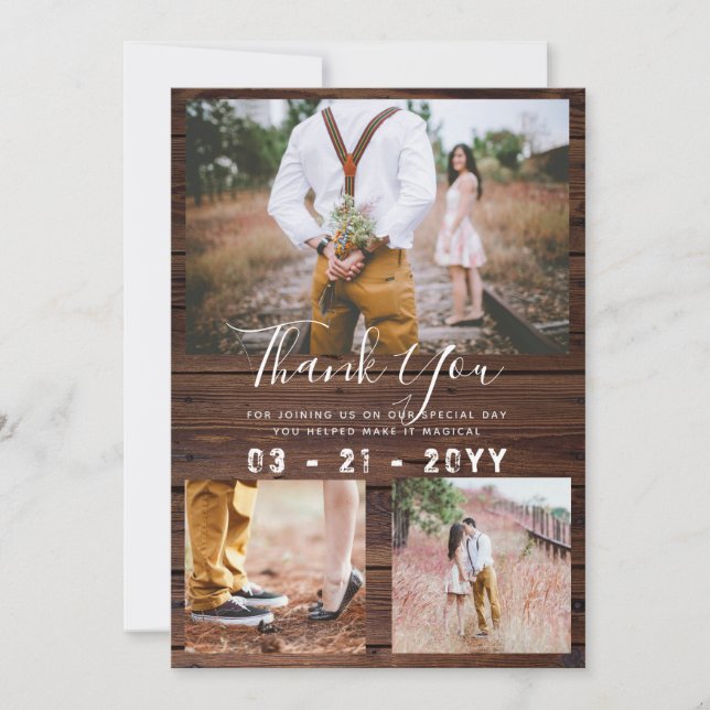 RUSTIC Thank You Wedding PHOTO COLLAGE Barn Card (Front)
