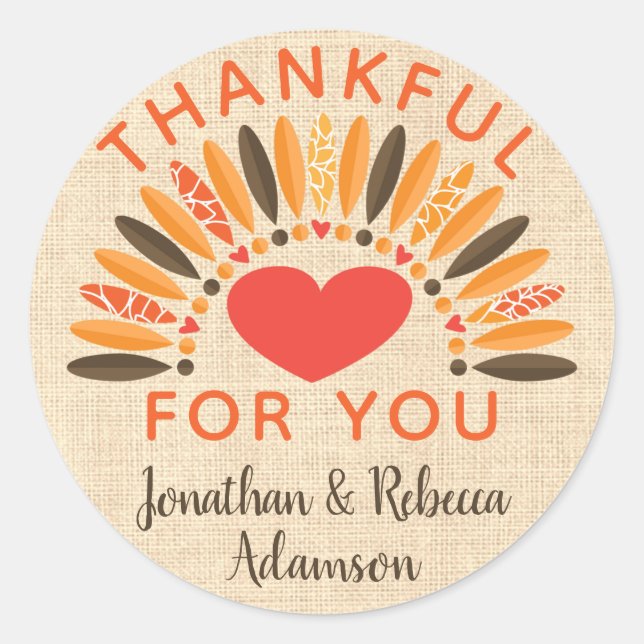 Rustic "Thankful For You" Thanksgiving Classic Round Sticker (Front)