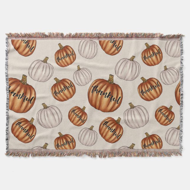 Rustic "Thankful" Pattern with Colourful Pumpkin Throw Blanket (Front)