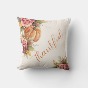 Rustic Thankful Pumpkin Floral Thanksgiving Cushion