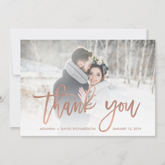 Rustic Thanks | Faux Rose Gold Wedding Photo Thank You Card (Front)
