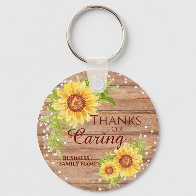 Rustic Thanks for Caring Floral Sunflower Key Ring (Front)