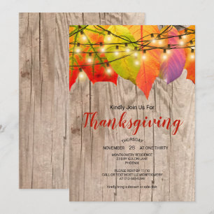 Rustic Thanksgiving Dinner Autumn Leaves  Lights Invitation