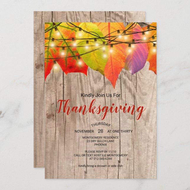 Rustic Thanksgiving Dinner Autumn Leaves  Lights Invitation (Front/Back)