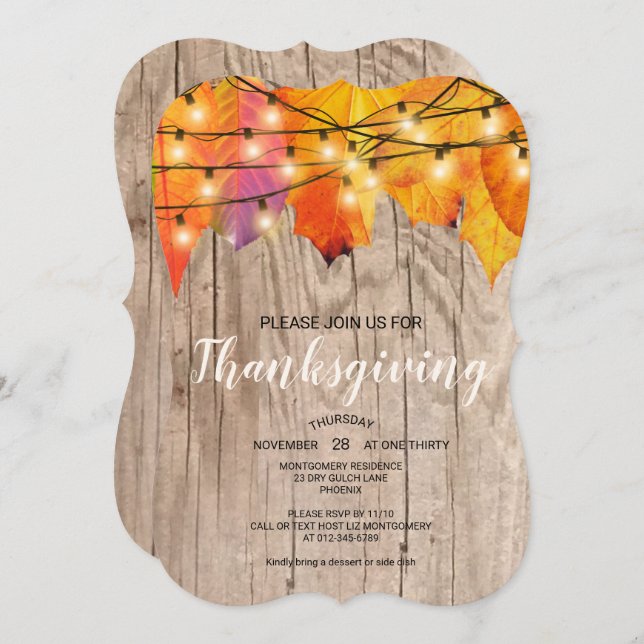 Rustic Thanksgiving Dinner Autumn Leaves  Lights Invitation (Front/Back)