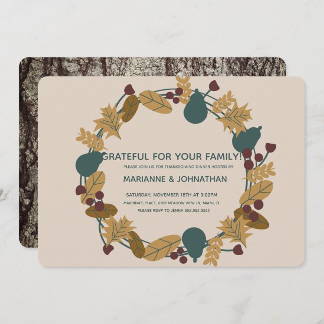 Rustic Thanksgiving Dinner Grateful Wreath Party Invitation (Front/Back)